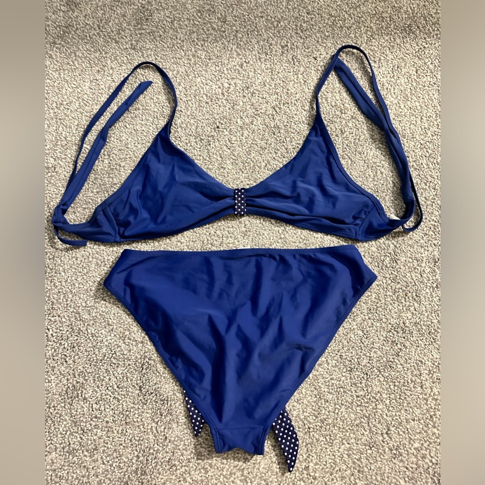 Women’s blue 2 piece bathing suits with polkadot straps
